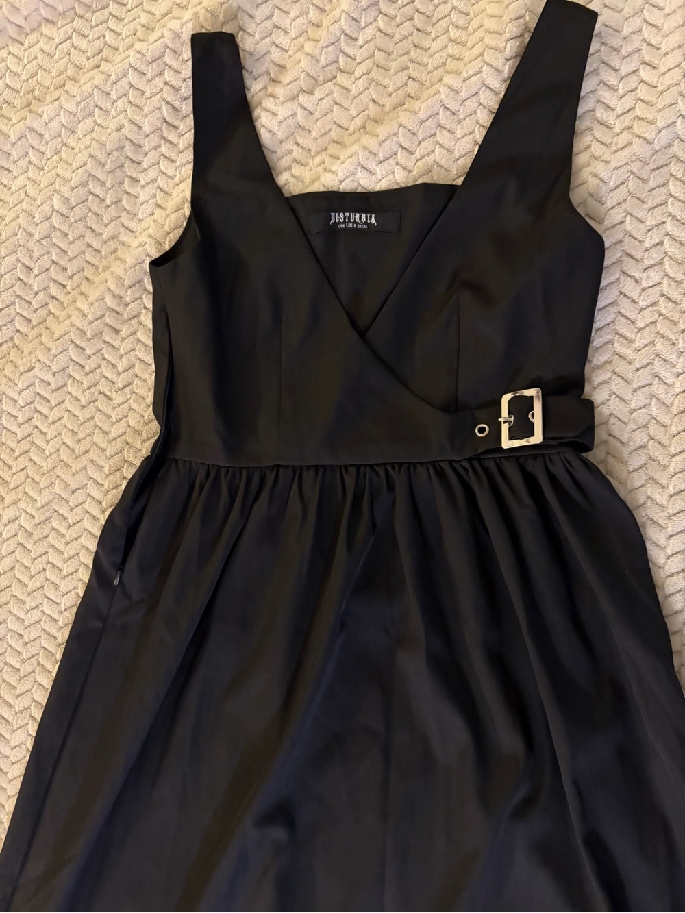 Disturbia Black V-Neck Sleeveless Dress with Buckle Waist